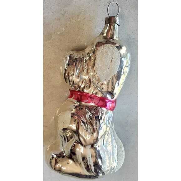 VTG Ornament German or Russian Silver Glass Dog w/ Pink Bow Snow Tufts Textured - Picture 1 of 12